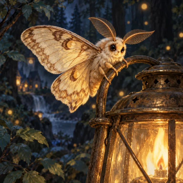 Wick, a small cream-and-amber lamp-moth perched outside a lantern